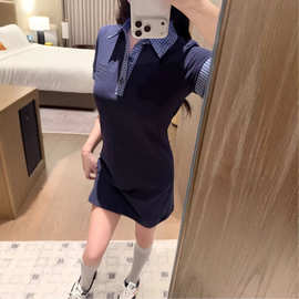 深圳南油春夏MIU系院风字母刺绣百搭撞色拼接格纹polo短袖连衣裙