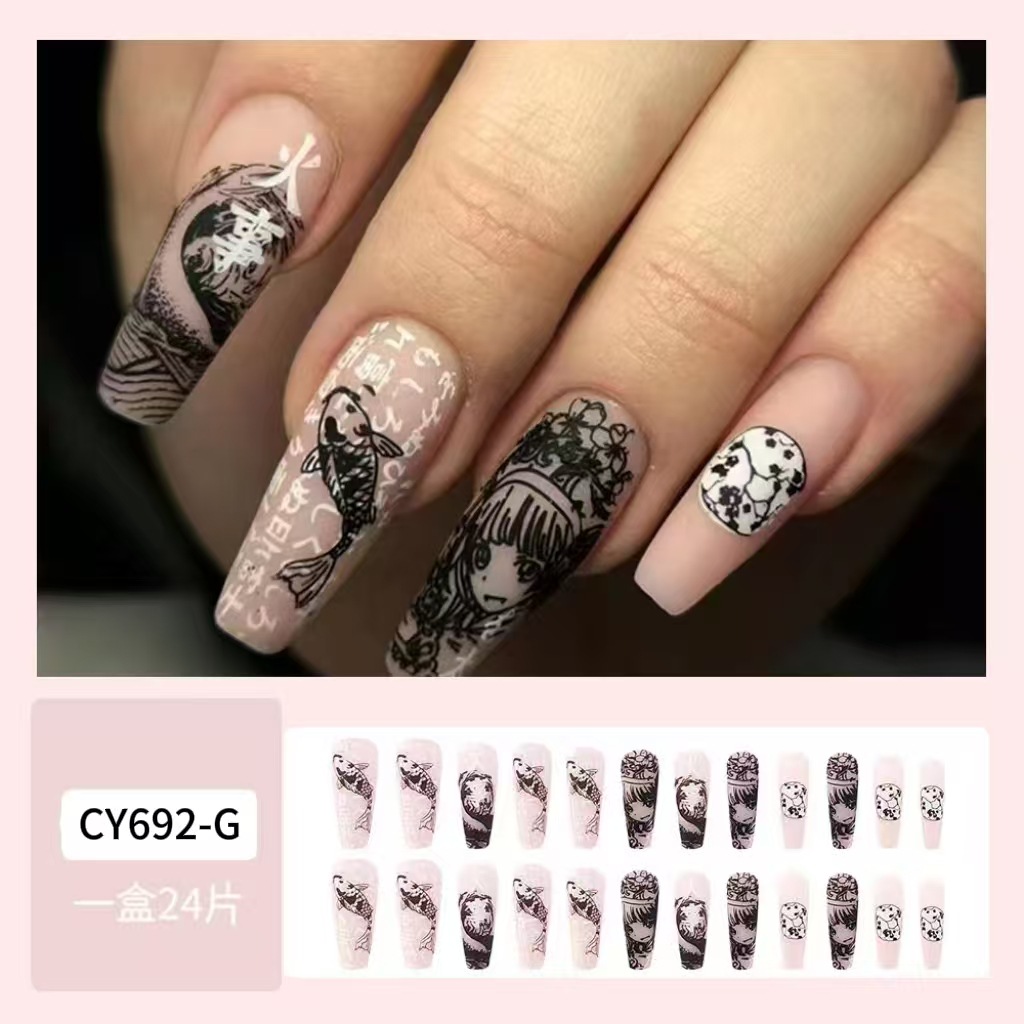Europa y los Estados Unidos largo venta caliente desgaste de uñas ondas de graffiti koi girl nail patch transfronterizo explosión parche de uñas falsas