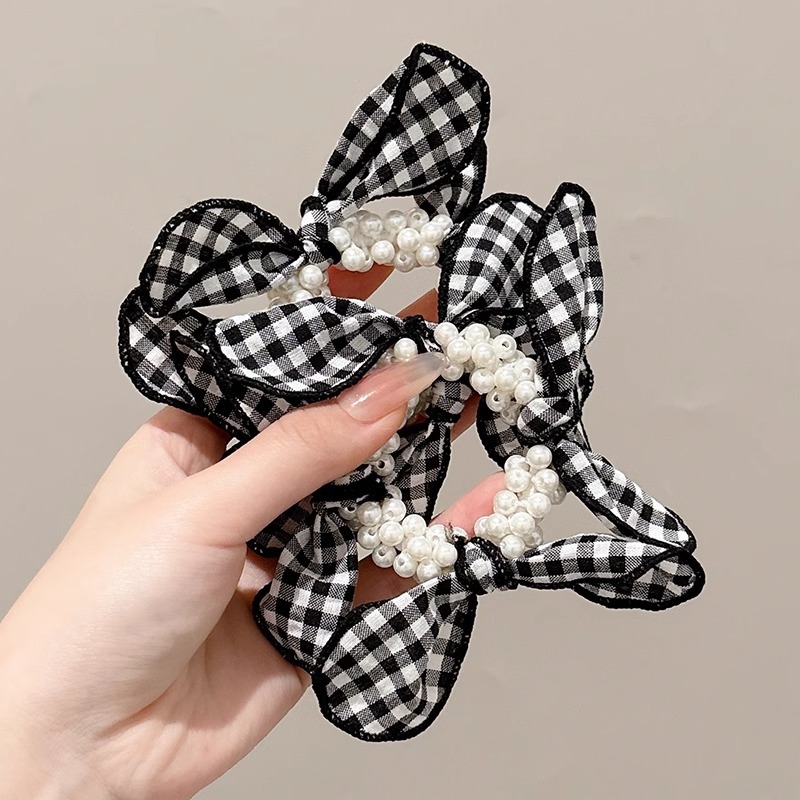 Coreano de alta calidad tela rayada perla anillo de cabello para mujeres 2025 nuevo simple cuerdas de cabello de banda de goma de cuadrillas