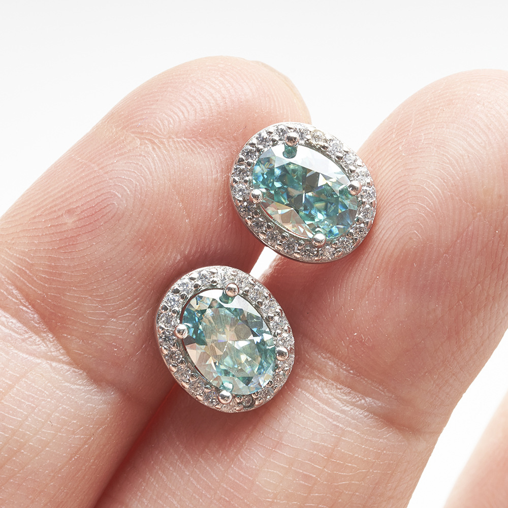 925 plata de diamante dorado color mozanita pernos de piedra oval 1 quilate azul verde pernos de piedra mozanita