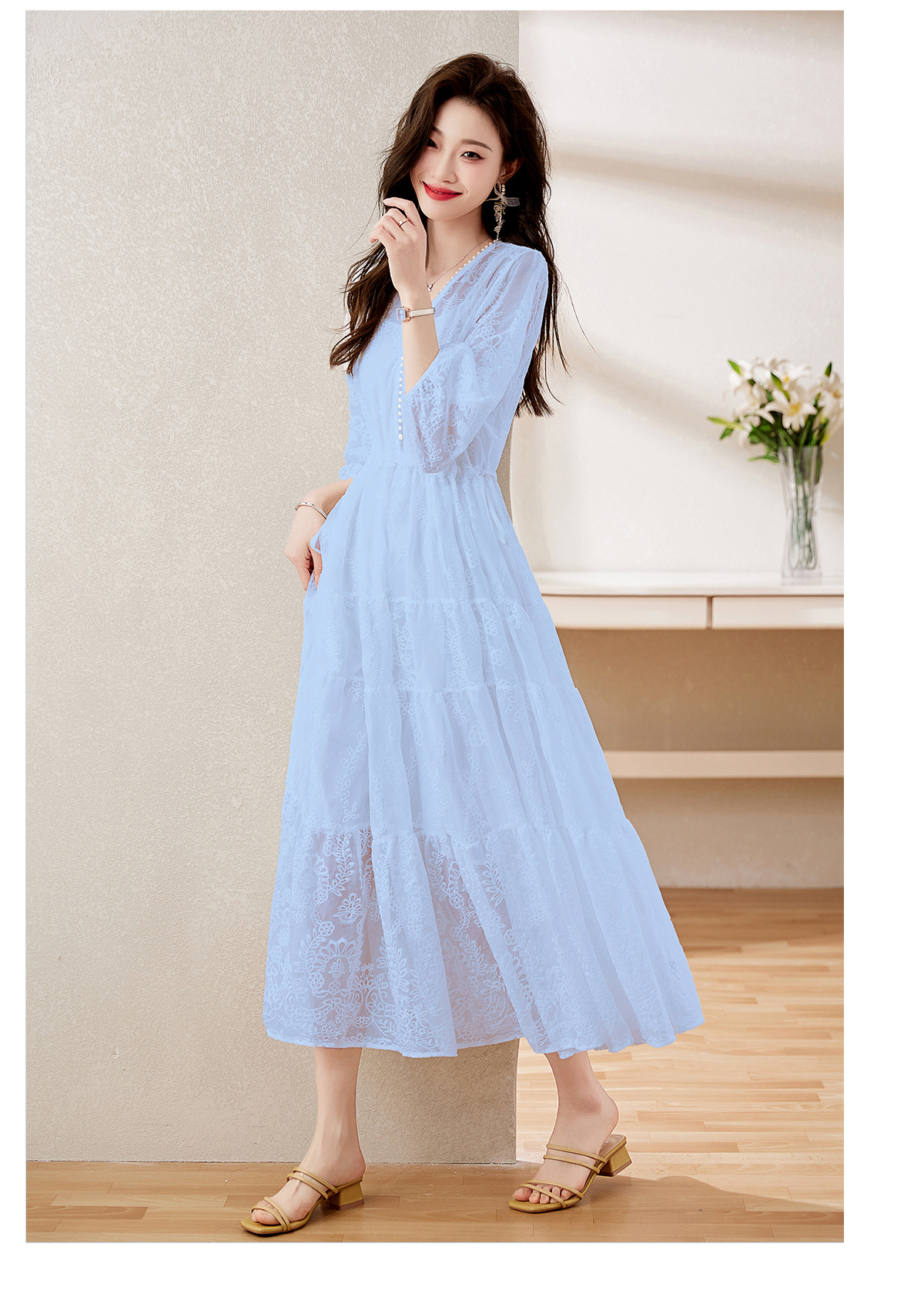 Đầm maxi nữ cổ V thắt eo dáng dài thanh lịch NY1608 — xanh lam, màu tím, màu vàng chi tiết 14