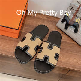 颜值！即将下架 帆布配黑色牛皮 男士拖鞋真皮户外男外穿夏沙滩