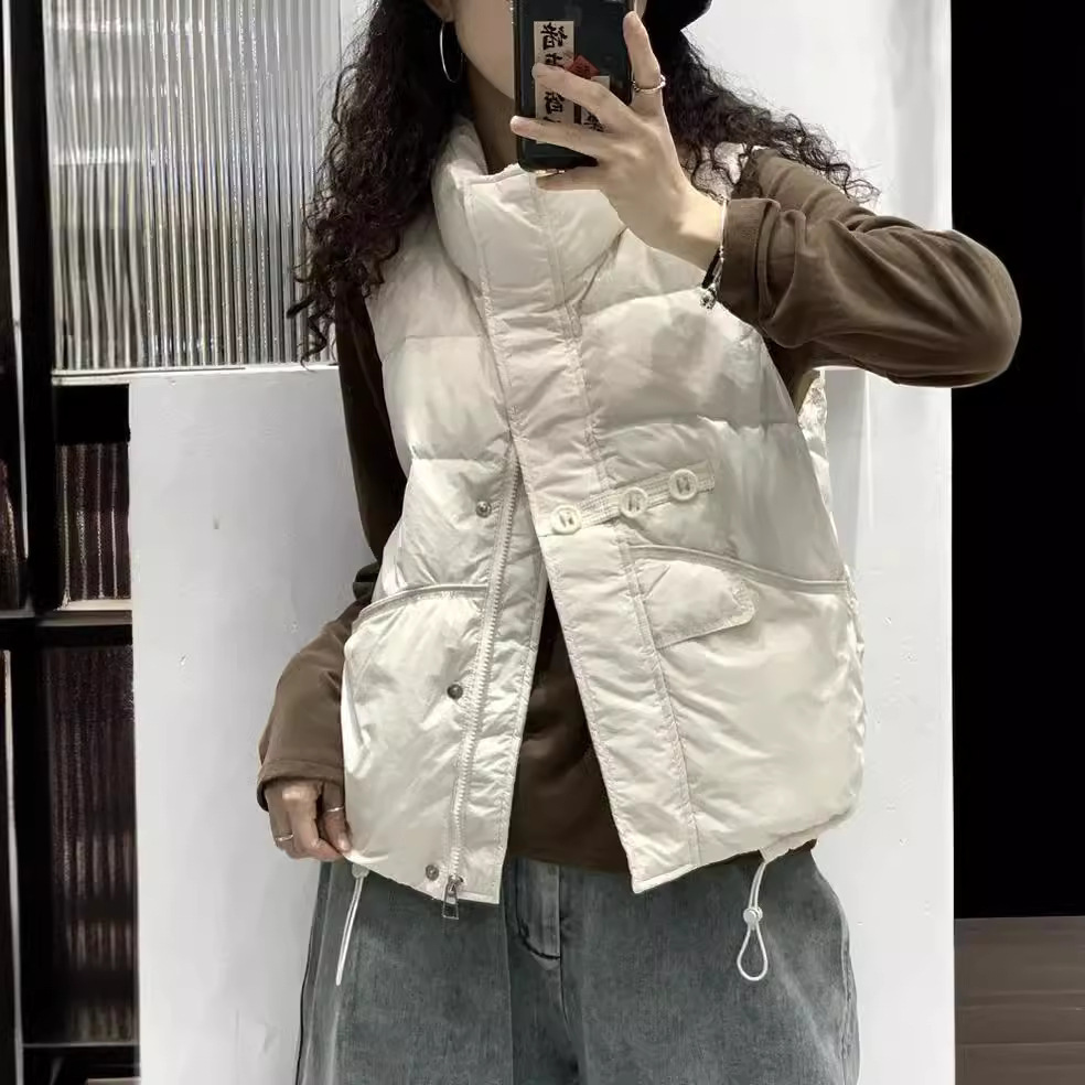 여성용 다운 조끼 2025 가을 겨울 신상 스탠드 칼라 세 버튼 루즈핏 패션 따뜻한 민소매 조끼