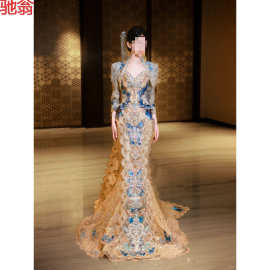 T8Y2025新款重工金色蓝秀禾服婚服拖尾新娘婚礼敬酒服中式嫁衣冬