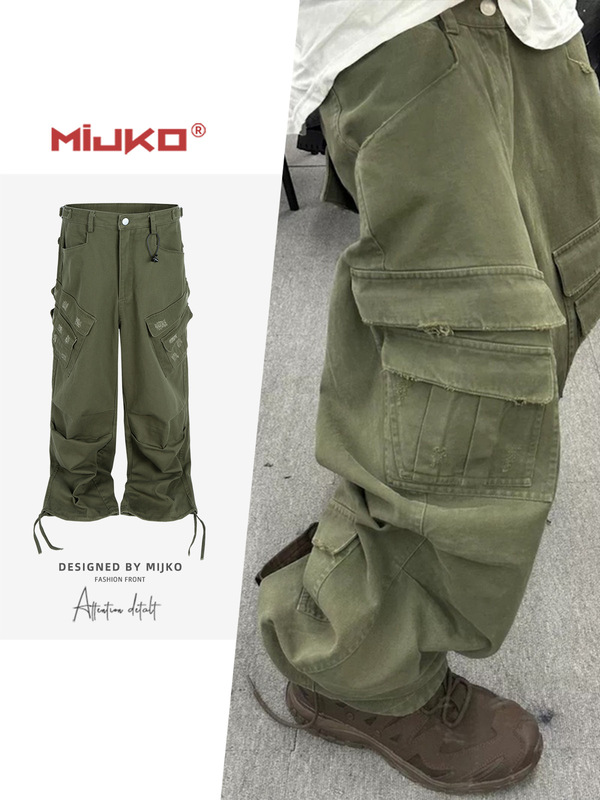 MIJKO男装女多口袋可抽绳束脚裤脚休闲裤 水洗做旧Vintage工装裤|undefined
