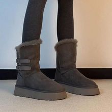 自留版软皮厚底皮带扣皮毛一体雪地靴女加绒保暖毛毛鞋短靴棉靴女