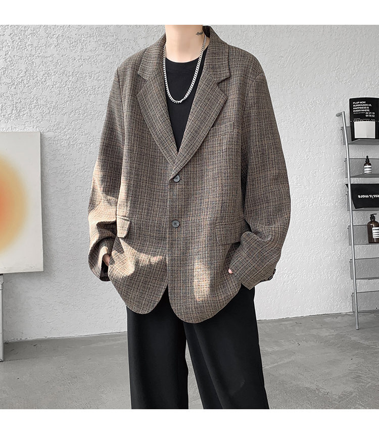 American Retro Houndstooth Blazer For Men Oversized Plaid Jacket_voghion.com