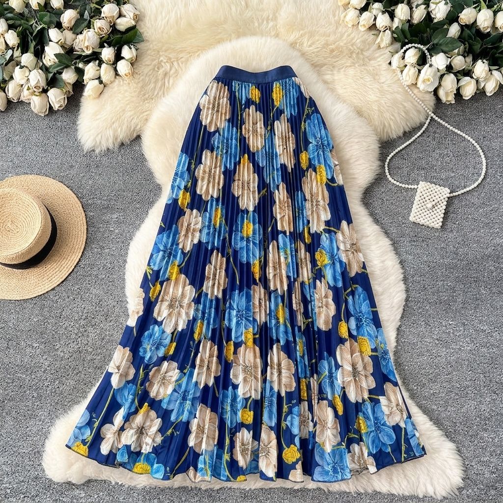 Women's Retro Print Pleated Skirt High Waist A-Line Midi Fashion Skirt for Commuting Summer Long Skirt European And American Style_ecoleips.com