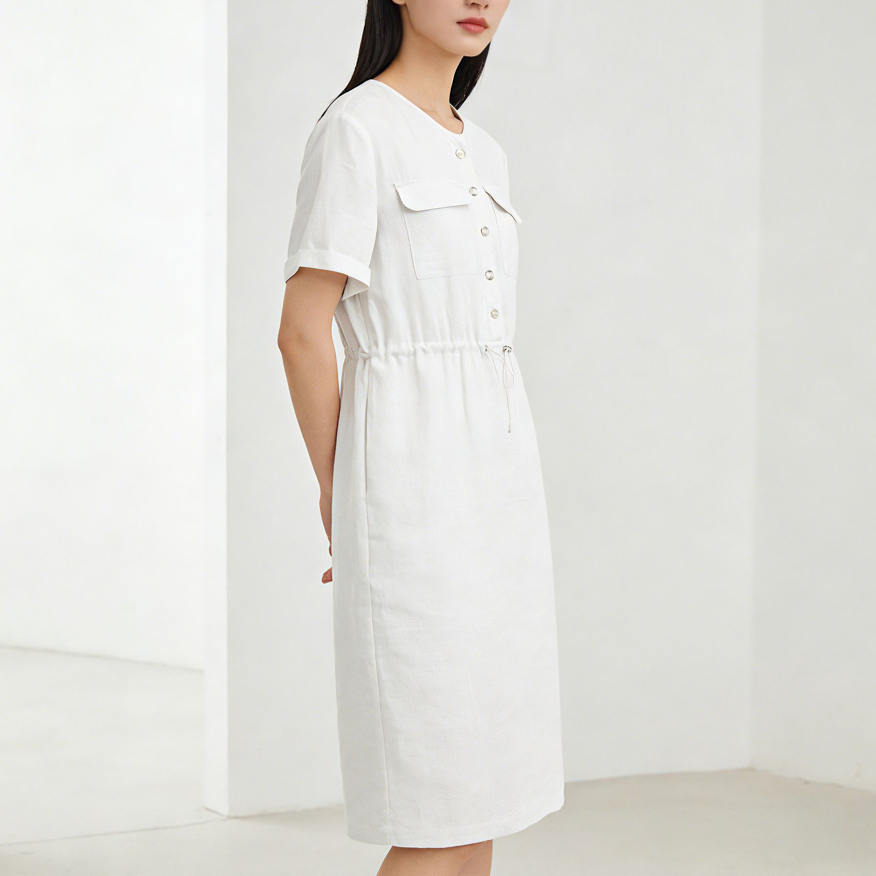 Đầm maxi nữ linen dáng rộng eo rút dây, thiết kế cắt may 3D — màu ô liu xanh chi tiết 2