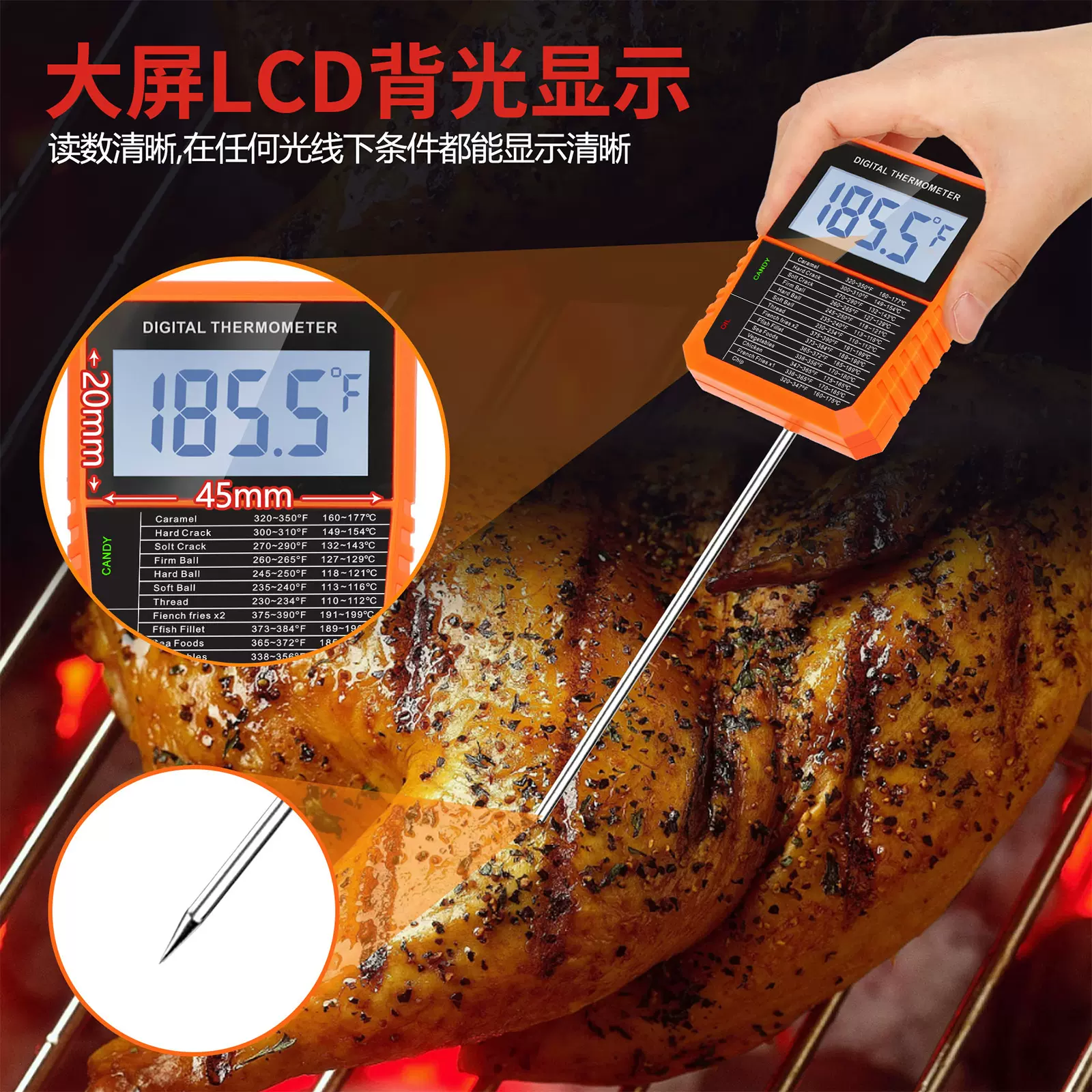 长探针食品温度计 不锈钢夹子糖果温度计油炸温度计烧烤肉温度计