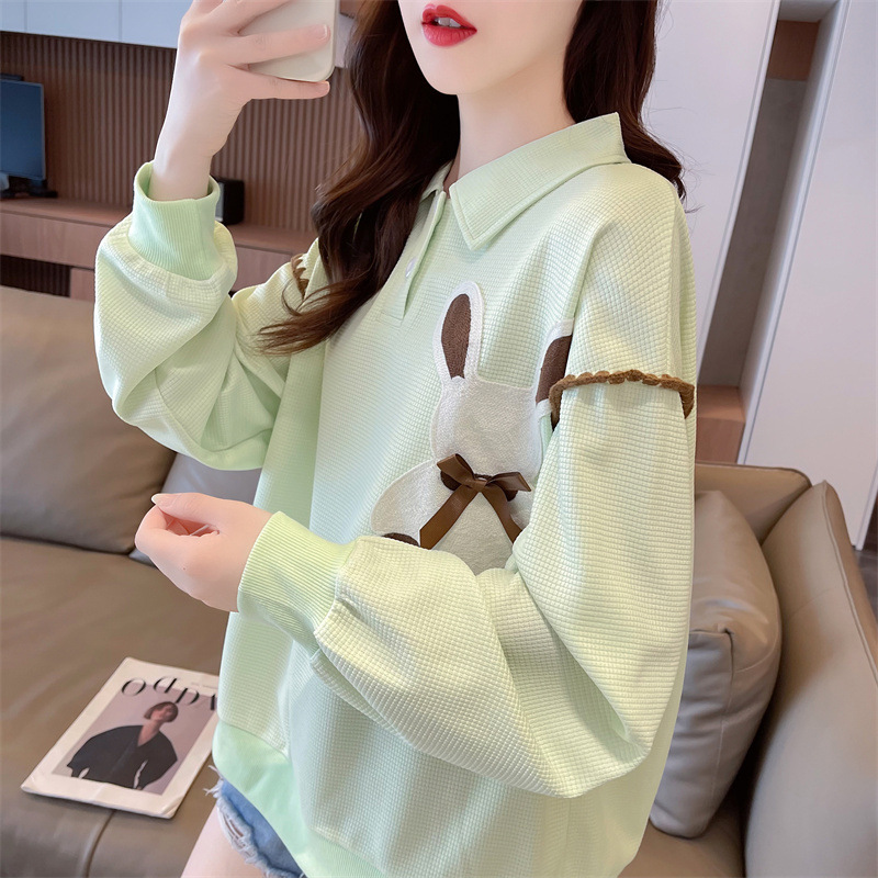 Waffle bordado suéter para las mujeres 2023 otoño y el invierno Nuevo flojo adelgaza lindo pequeño jersey de cuello POLO top