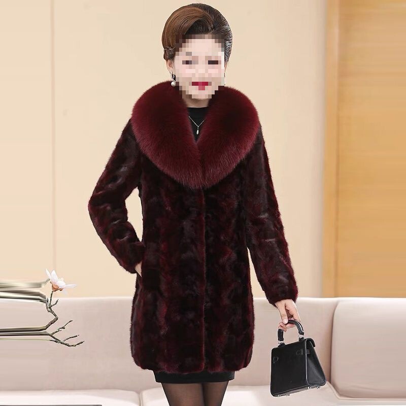 Autumn and Winter Mink Fur Coat for Women, Mid-Length Imitation Fox Fur Collar Coat, Plus Size and Thickened