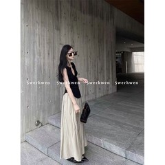 5werkwen夏のしわの半身のアーモンドのスカートの高腰は股を遮ります。