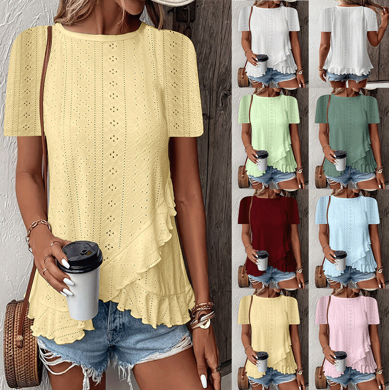 2025 Spring/Summer European and American Cross-Border Amazon Shein Popular Women's Fashion Palace Lock Solid Color Short Sleeve Round Neck T-Shirt