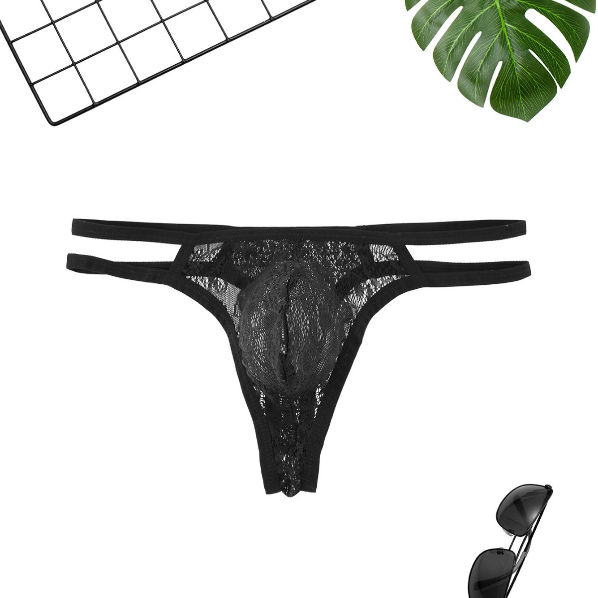 Seksualios vyriškos stringai su dvigubu diržu ir nėriniais_voghion.com