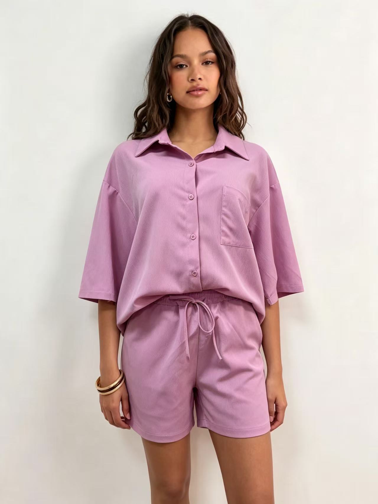 Women's Multi Color Collared Loose Fitting Shirt And Shorts Set Casual Solid Color Everyday Commuter Fashion_ecoleips.com