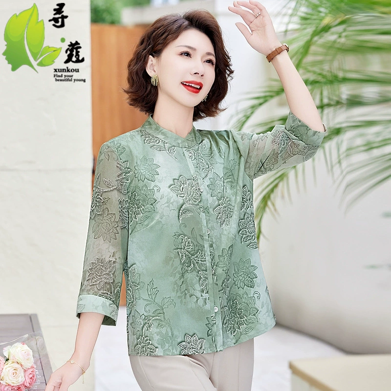 Среднее и старое лето тонкая рубашка модный темперамент шифоновая мама топ женский летний темперамент принт национальная женская одежда