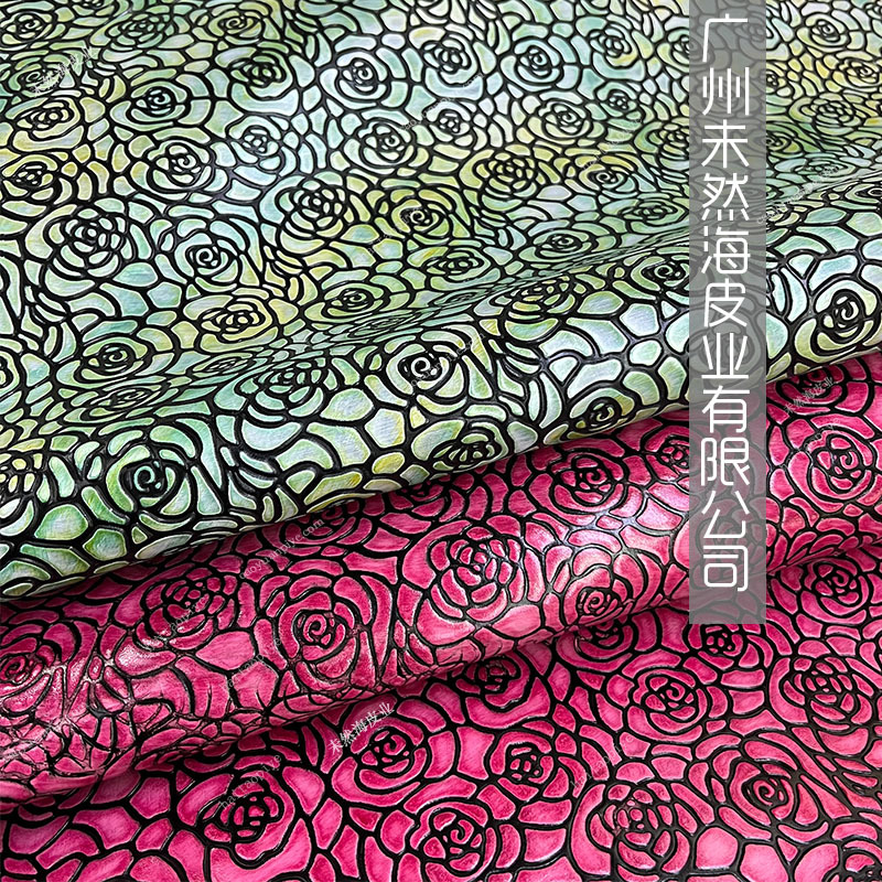 头层牛皮花朵纹手绘多彩珠光国潮真皮