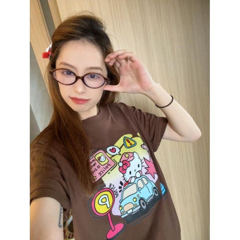 コットンダークカラー多用途ピュアコットン半袖Tシャツレディースキャンパスハローキティプリント半袖Tシャツトップスメンズ|undefined