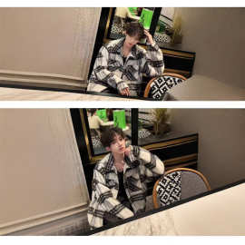 韩风chic黑白格子毛呢外套男款秋冬季夹棉感穿搭加棉短款大衣