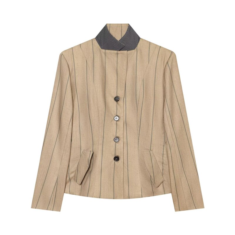 ZA Foreign Trade Wholesale European and American Style Women's Clothing Fashionable Versatile Vintage Striped Waist-Cinching Blazer 7009119