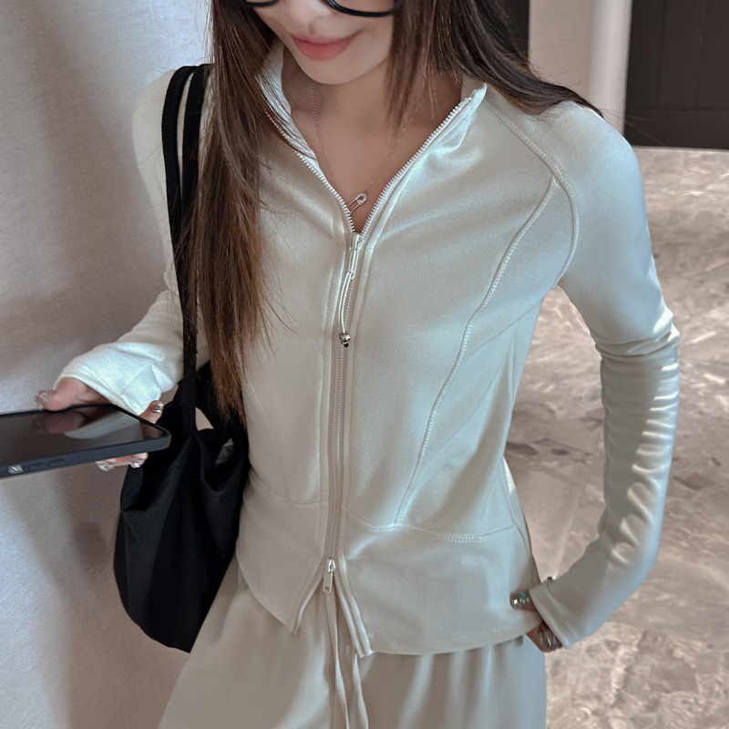 High-quality, half-open collar, double-zipper, thickened, brushed fabric, patchwork design, women's autumn/winter outerwear, stylish and versatile, slimming cardigan