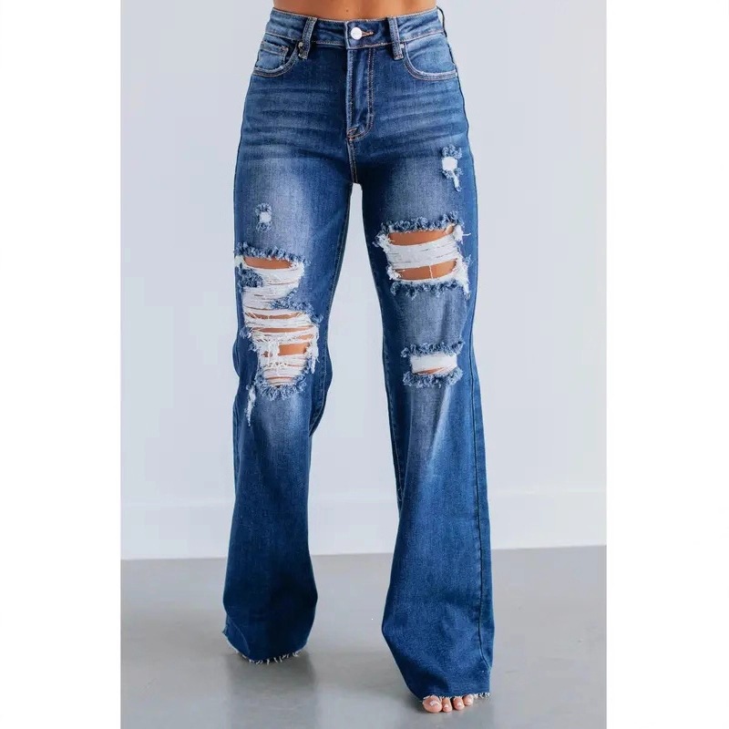 Jeans Rotos de Pierna Ancha y Cintura Alta en Mezclilla de Algodón image 3