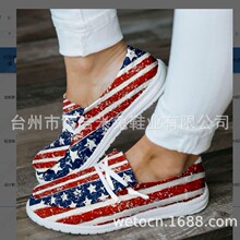 独立站新品美国国旗渐变拼色休闲单鞋情侣款格子印花布鞋大码批发