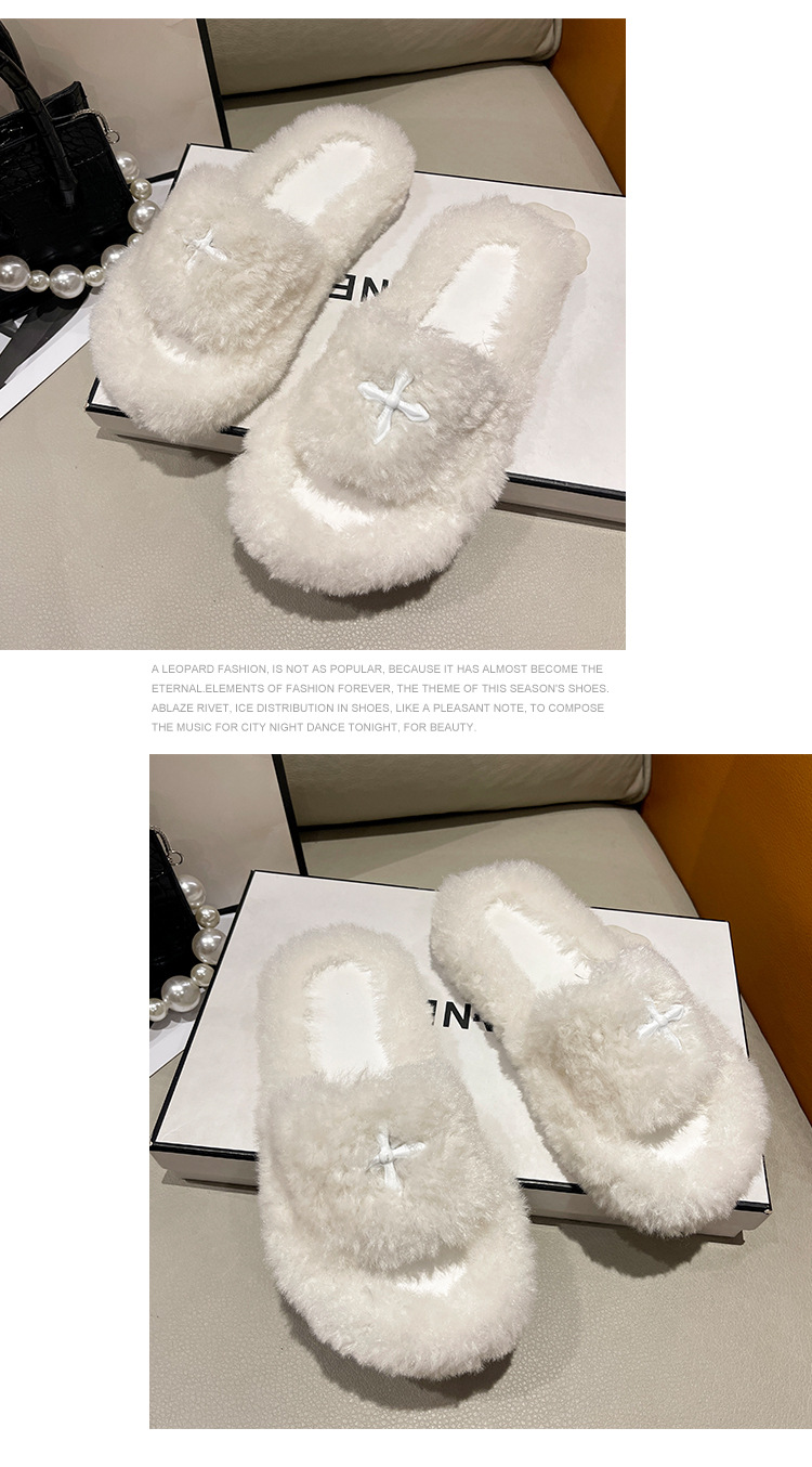 Plush Slippers For Women Comfortable Wool Flat Slip-ons Black_voghion.com