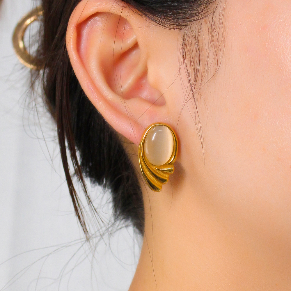 Ear Studs Classification 1 Pair Elegant Wings Inlay Stainless Steel Cat's Eye Stone Ear Studs