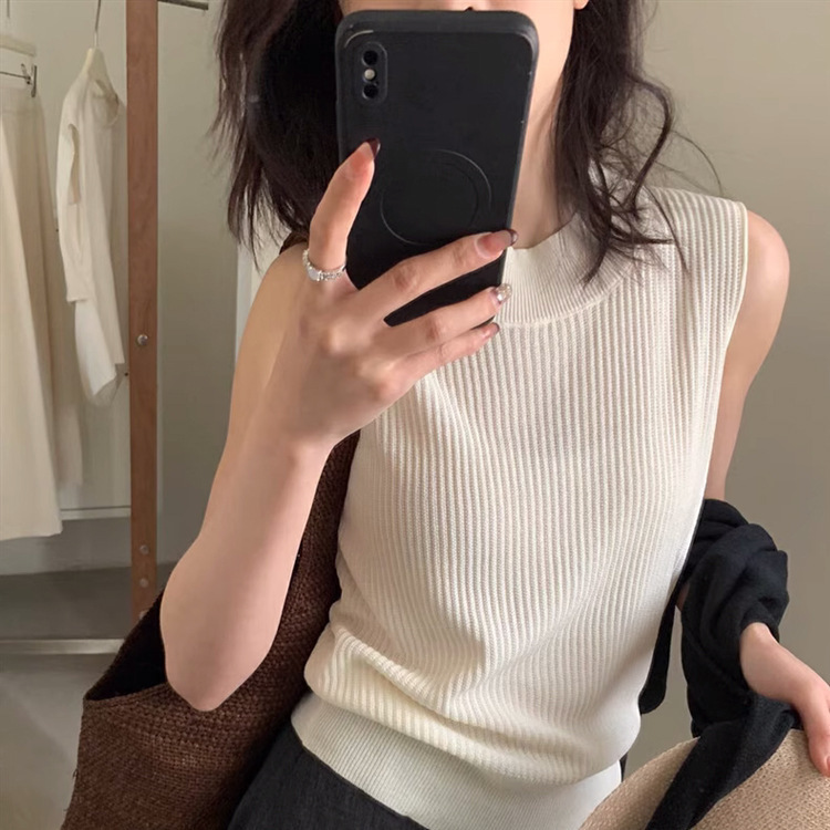 Korean Style Semi-high Crewneck Knitted Sleeveless Vest Women's 2025 New Style Elegant Slim Look All-match Sweater Vest Trendy Camisole