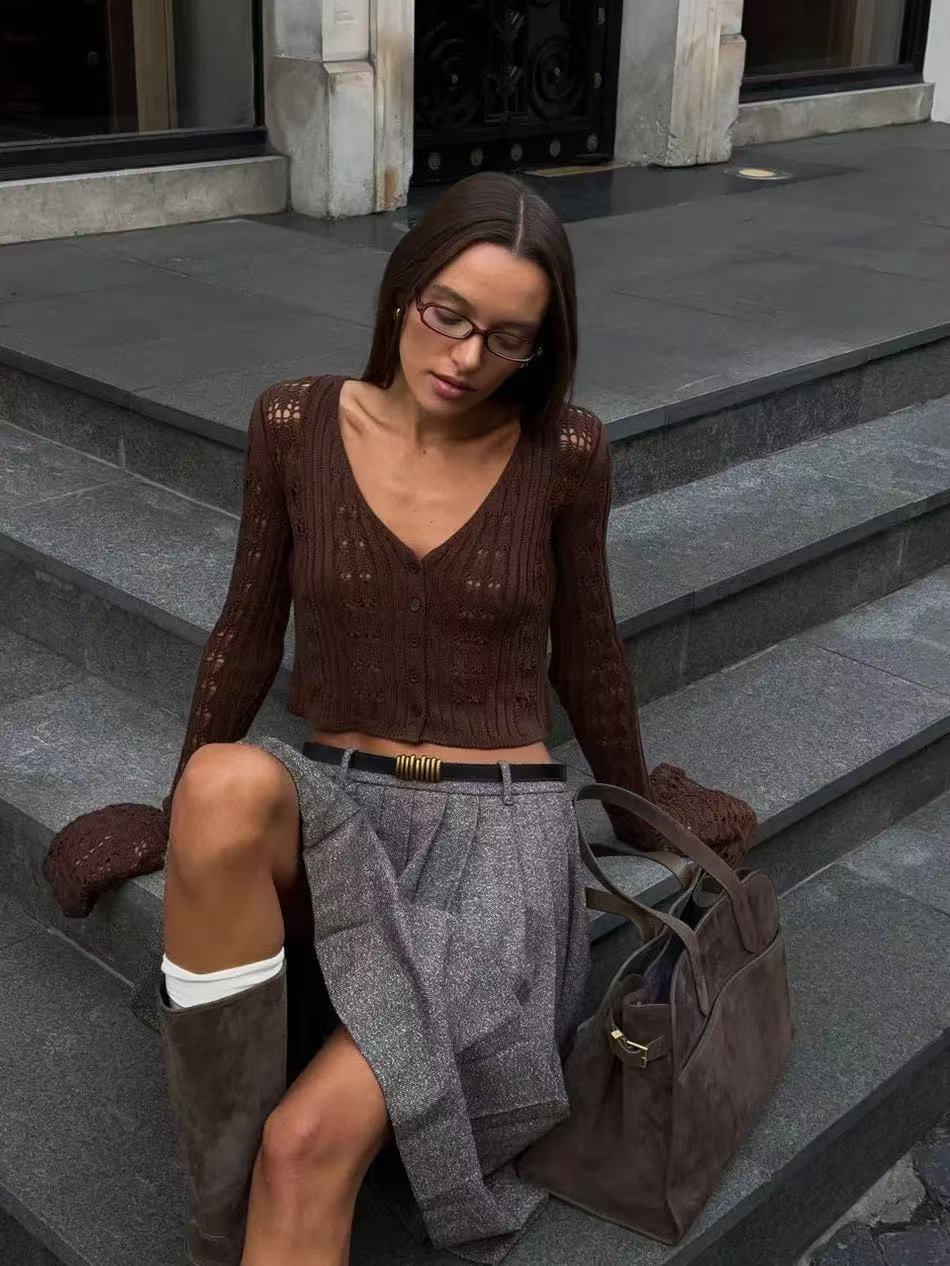 Women's Hollow-out Cardigan Long-sleeve V-neck Solid Colour Top_voghion.com