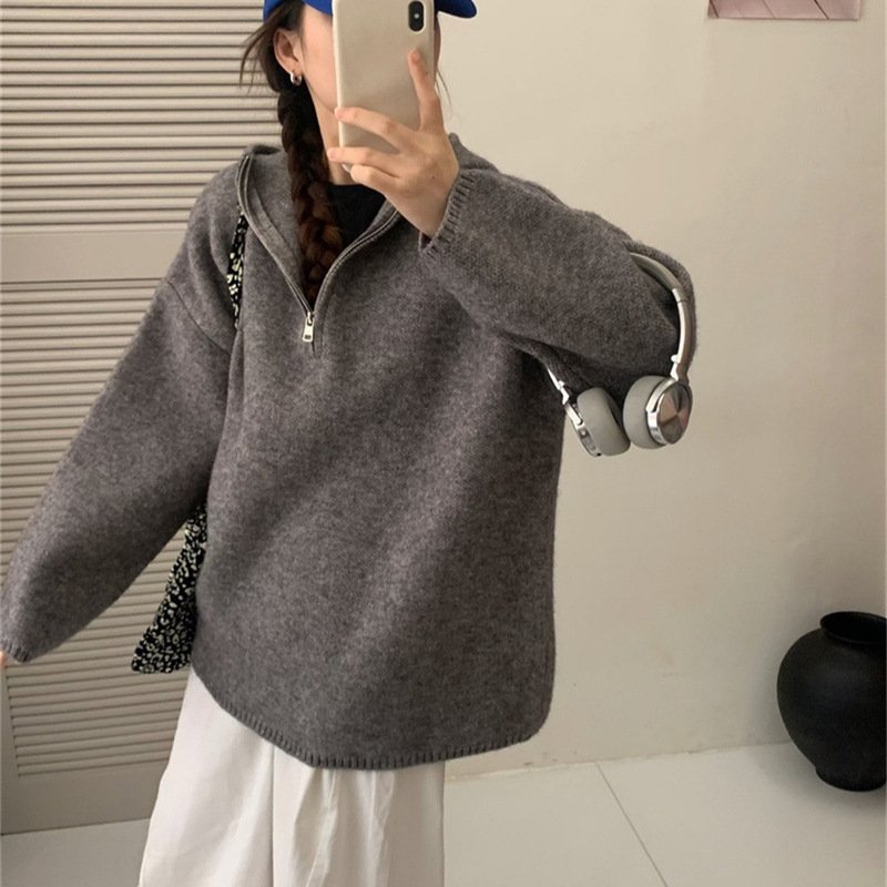 Korean Half-Zip Knitwear Women's Autumn and Winter New Hooded Sweatshirt Knitwear Loose Lazy Style Thickened Jacket Ready for Sale