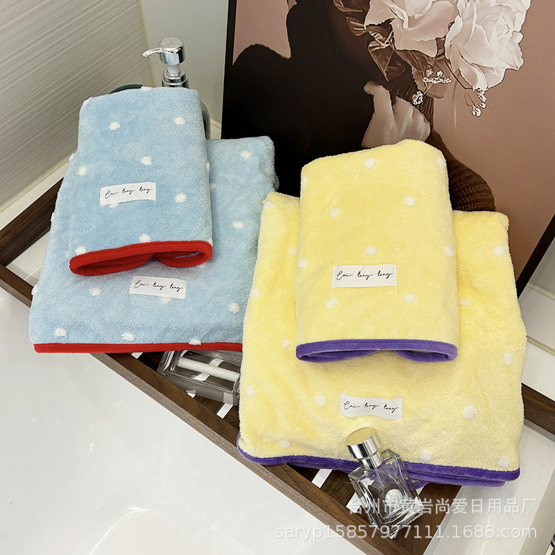 Xiaohongshu Household Adult Polyester Brocade Coral Velvet Soft Absorbent Bath Towel 70*140 Cute Polka Dot Wrap for Women