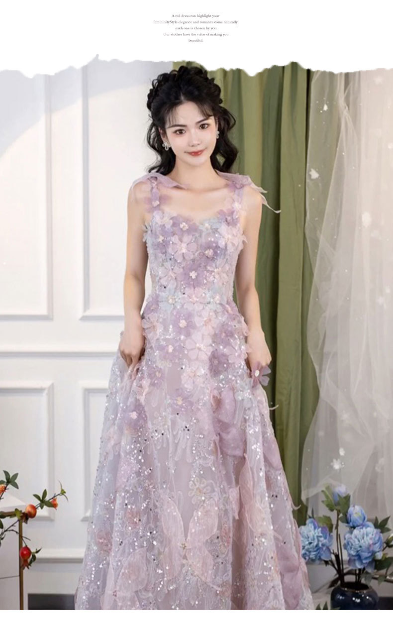 Women's Purple Lace Floral Banquet Dress High-End Slip Dress Light Luxury Niche Style New Fashion For Wedding Party Wear_ecoleips.com