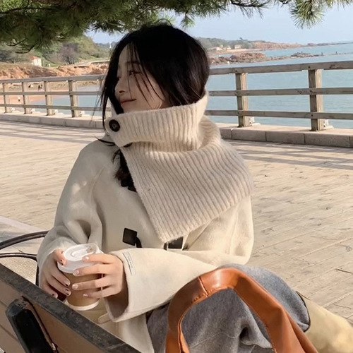 Korean niche design high collar knitted slit scarf pullover shawl for women autumn and winter warm woolen scarf fake collar
