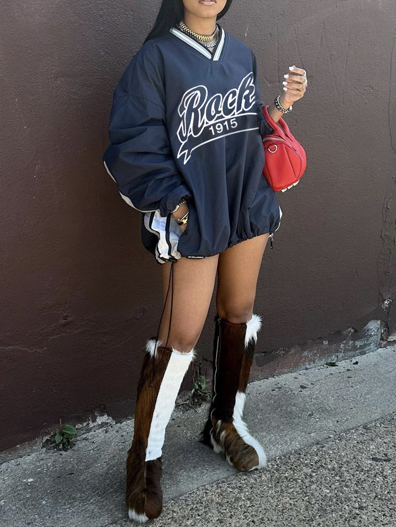 Felpa con scollo a V, stile americano, moda casual da strada, da donna, con stampa a lettere e blocchi di colore, ampia e larga_voghion.com