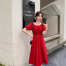 春上新【流行街】意法韩系高级裙子方领收腰修身净色一字肩连衣裙