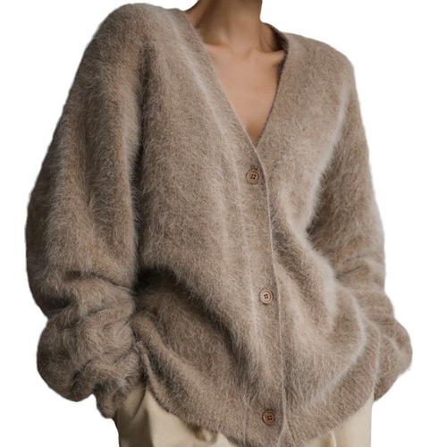 Women's V-neck Knitted Mink Fleece Cardigan 2025 Autumn/Winter Loose Solid Color Open Jacket