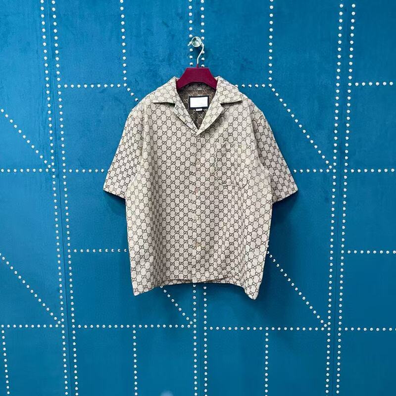 New self-designed full-print alternative label jacquard logo short-sleeve canvas cotton shirt with a turn-down collar, loose fit for everyday wear