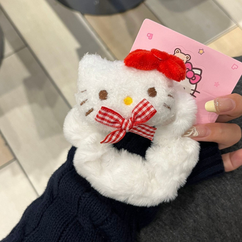 可爱红格子蝴蝶结猫发圈软妹毛茸茸卡通发绳秋冬百搭马尾发饰|undefined