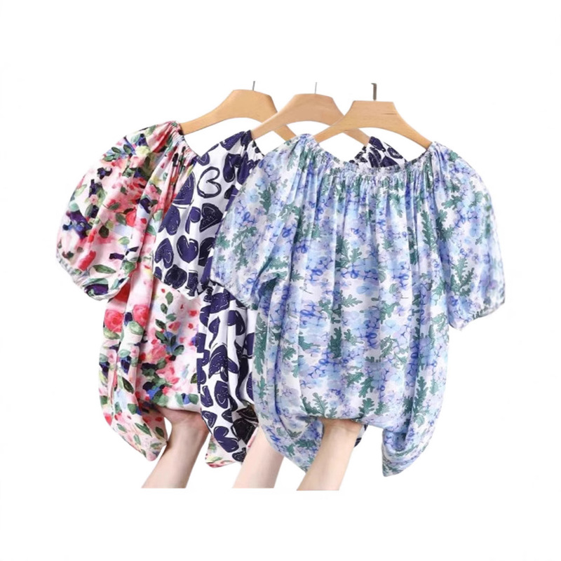 2025 Summer Cotton Silk Tops for Women New Thin Floral T-Shirt One-Shoulder Two-Wear Puff Sleeve Artificial Cotton Tops 2025 Summer Cotton Silk Tops for Women New Thin Floral T-Shirt One-Shoulder Two-Wear Puff Sleeve Artificial Cotton Tops