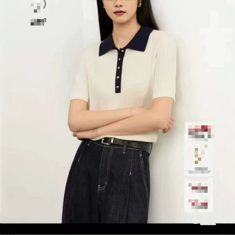 French-style elegant lapel slimming and age-reducing short-sleeve knit top French-style elegant lapel slimming and age-reducing short-sleeve knit top