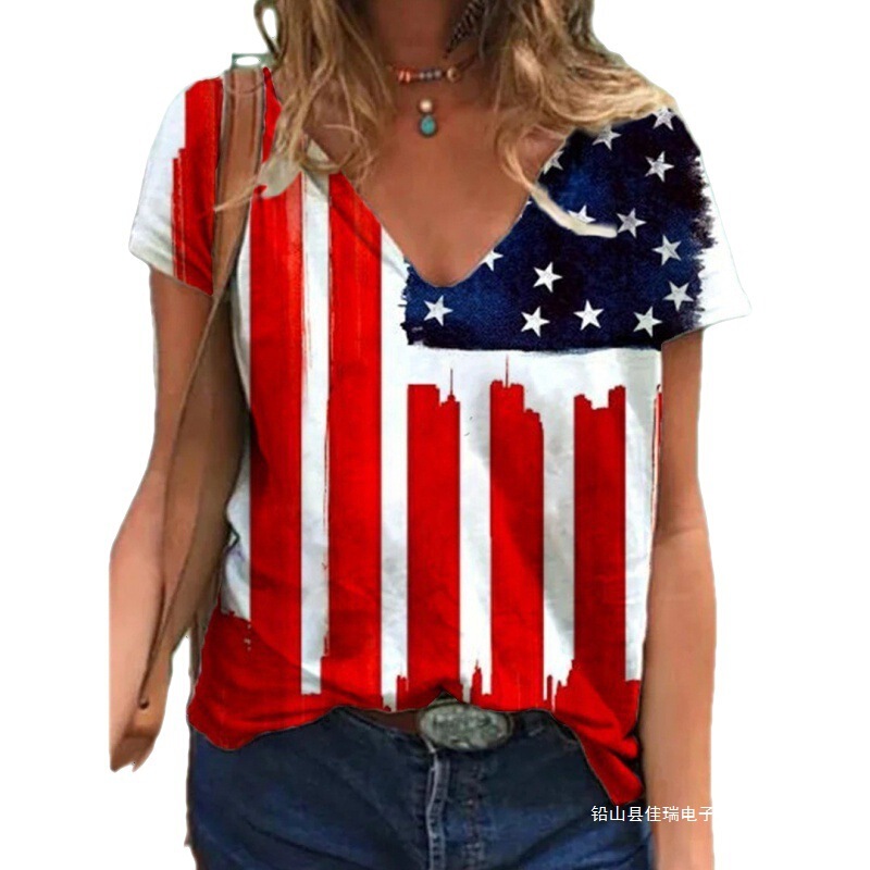 New American Independence Day Holiday Digital Printing Women's V Neck 3D Printing Large Size Casual T-Shirt Manufacturer Wholesale New American Independence Day Holiday Digital Printing Women's V Neck 3D Printing Large Size Casual T-Shirt Manufacturer Wholesale