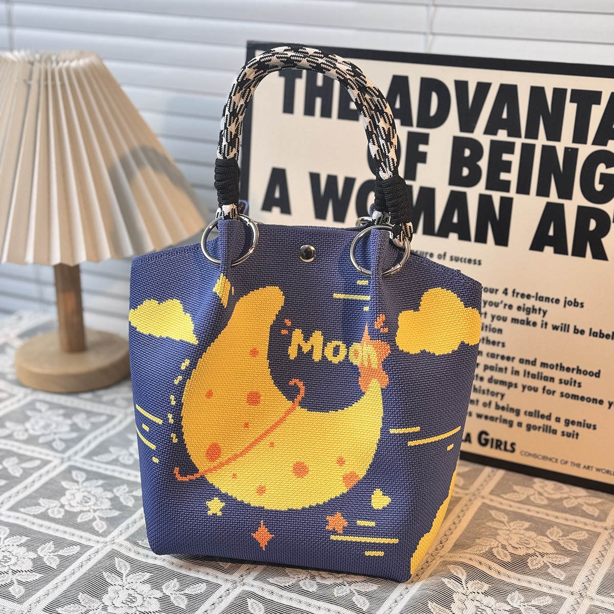 ニットハンドバッグ、ニッチデザインバケットバッグ、トートバッグ、ハンドバッグ、カジュアルで多用途なショルダーバッグ、ニットポータブルバッグ