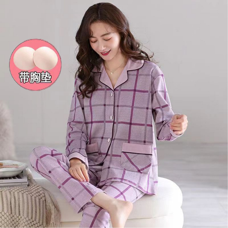 Pijamas de una pieza de algodón 100% para mujer con almohadilla para el pecho primavera y otoño nuevos Pantalones casual de manga larga estilo coreano traje de desgaste exterior