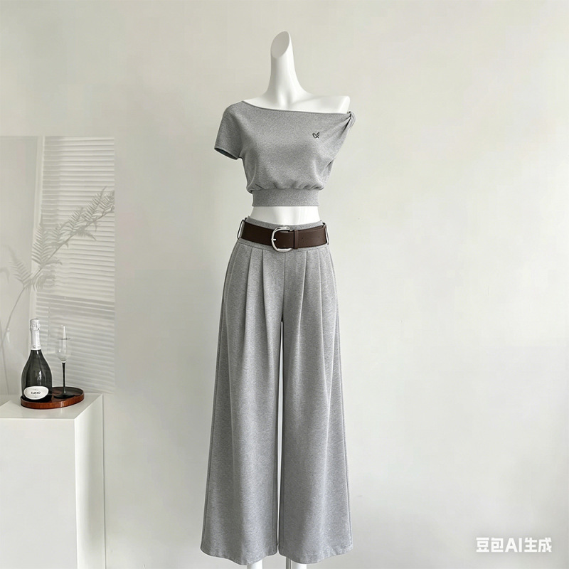 Korean Style Spicy Girl Niche Minimalist Slimming Waffle Knit One-Shoulder Short-Sleeve T-Shirt for Women Casual + Wide-Leg Pants Two-Piece Set