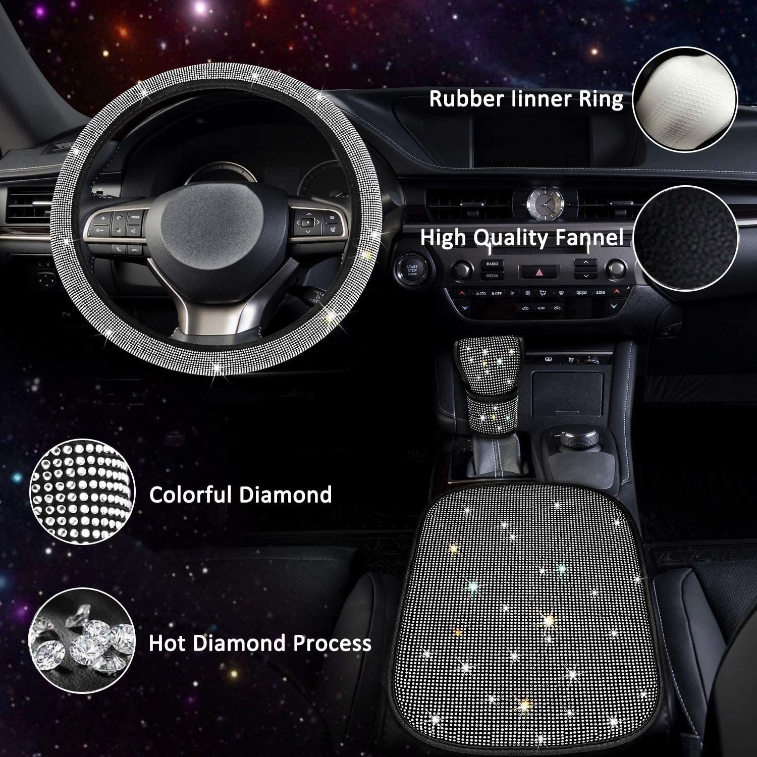 Car Steering Wheel Cover with Hot Diamonds, Full Diamonds, Rhinestone Armrest Box Pad, Gear Handle Cover, Cross-Border Popular Three-Piece Set Wholesale