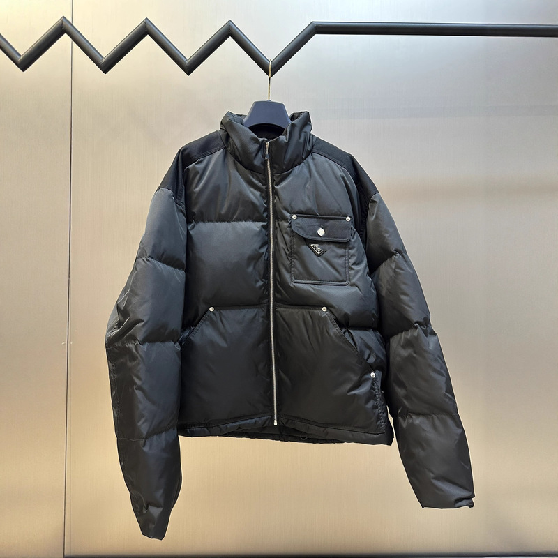 In-Stock Original Label P Brand Recycled Nylon Spliced Twill Woven Surface 90% White Duck down Jacket Coat