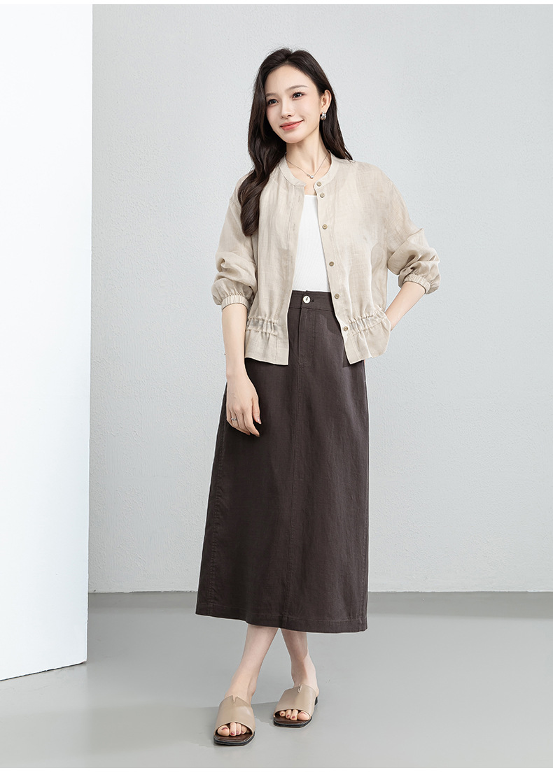 Chân váy chữ A dáng dài nữ chất liệu linen phối sợi tencel, thiết kế che khuyết điểm eo hông — màu xanh navy chi tiết 23